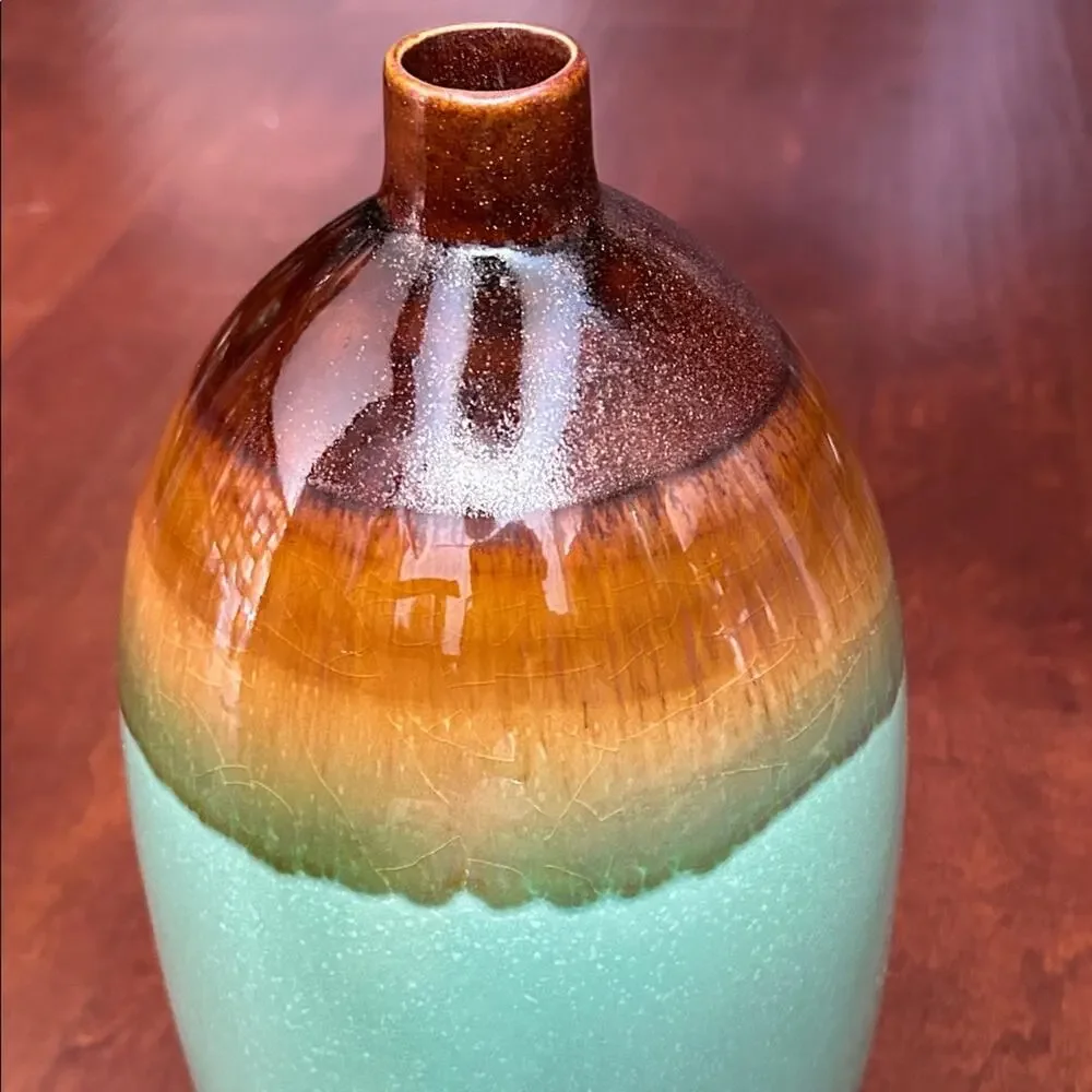 Large Earthy Turquoise & Chocolate Brown Ceramic Vase, Boho Statement Piece